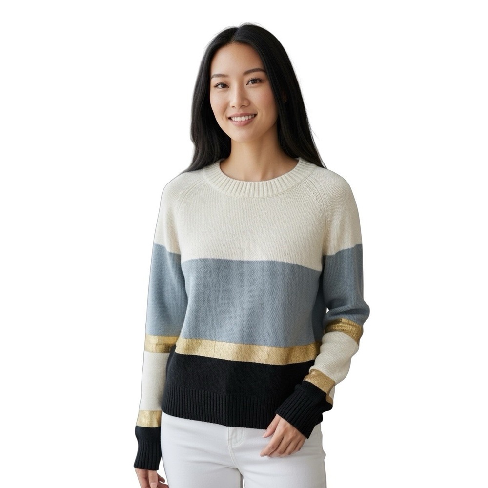 Céline Wool Blend Colorblock Metallic Stripe Crewneck Sweater Women's M